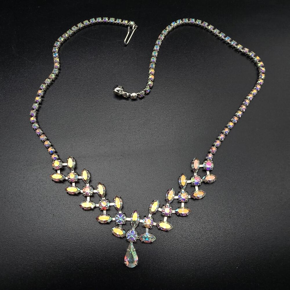 B David Aurora Borealis Rhinestone Necklace Vintage Glam Jewelry